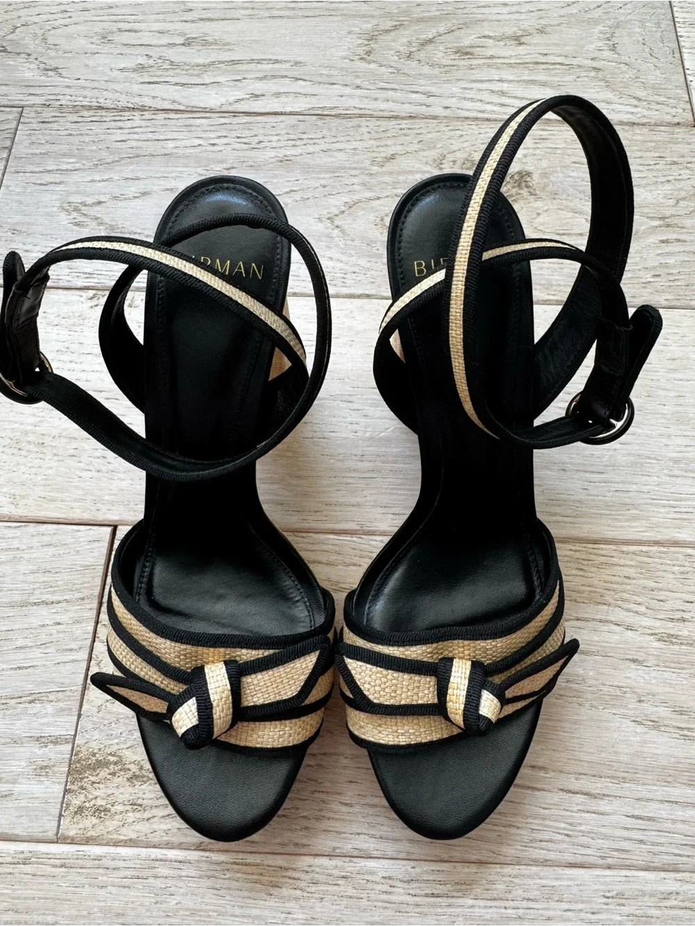 Alexandre Birman Black and Natural Woven Strappy Sandals worn once